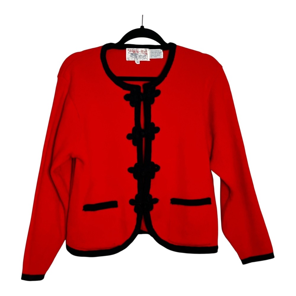 Vintage Tally-Ho Creation‎ Red Black Knit Cardigan Frog Closure Sweater Womens M